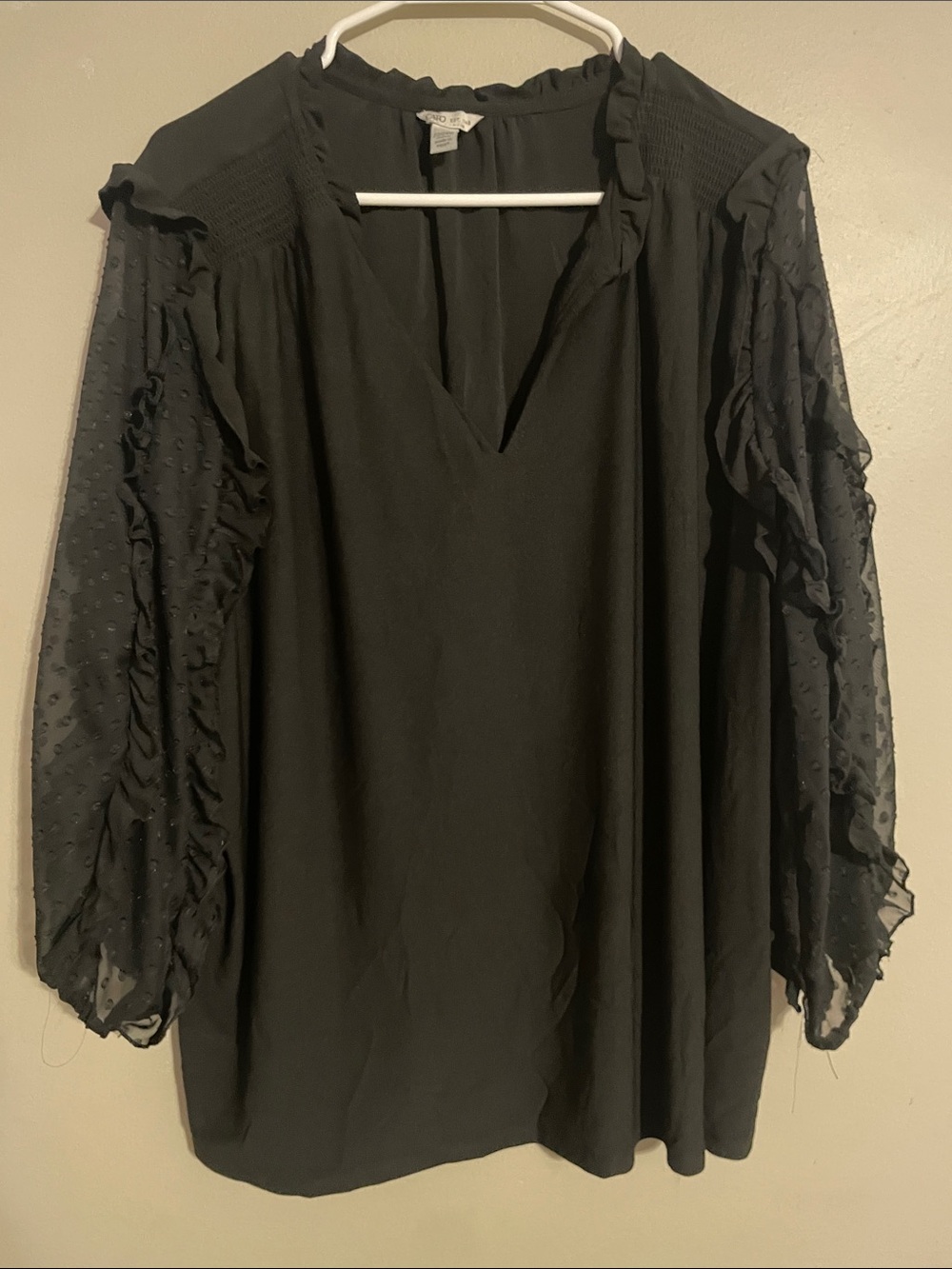 Cato Black V-Neck Blouse with Dotted Sheer Sleeves